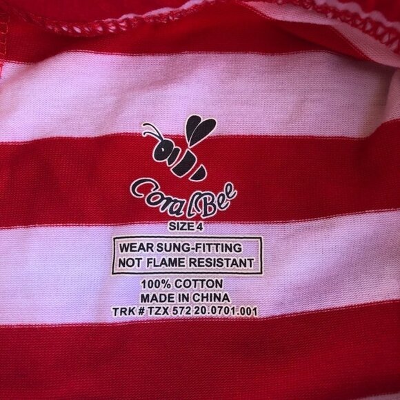 Coral Bee Pajama Set Unisex Red White Long Sleeve Long Striped PJs Sz 4 - Picture 6 of 12